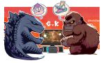  absurdres blue_eyes crown donkey_kong donkey_kong_(series) fur godzilla godzilla_(series) godzilla_vs_kong gorilla highres king_k._rool king_kong king_kong_(series) looking_at_viewer nintendo_switch no_humans rariatto_(ganguri) scales speech_bubble super_smash_bros. television twitter_username yellow_eyes 