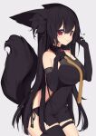  1girl animal_ear_fluff animal_ears bangs bare_shoulders black_dress black_gloves black_hair black_legwear breasts brown_neckwear collared_dress commentary_request covered_navel dress elbow_gloves eyebrows_visible_through_hair gloves grey_background hair_between_eyes hands_up heart highres large_breasts long_hair original parted_lips paryi red_eyes simple_background single_thighhigh sleeveless sleeveless_dress solo tail_raised thighhighs very_long_hair 