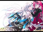  2girls absurdres bangs bare_shoulders black_bow black_dress black_footwear blue_eyes boots bow braid breasts center_frills center_opening cleavage closed_eyes crown detached_collar detached_sleeves dress earrings fairy_knight_tristan_(fate) fate/grand_order fate_(series) french_braid frills grey_hair hair_bow highres huge_filesize jewelry large_breasts long_hair long_sleeves looking_at_another medium_breasts morgan_le_fay_(fate) multiple_girls muni_nuren open_mouth pink_hair pointy_ears ponytail red_dress red_footwear sidelocks smile tears thigh_boots thighhighs thighs tiara two-tone_dress very_long_hair white_dress wide_sleeves 