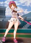  1girl aquaegg baseball baseball_bat baseball_uniform bike_shorts blush breasts brown_eyes brown_hair cameltoe emblem full_body girls_und_panzer hat highres looking_at_viewer nishizumi_miho ooarai_(emblem) open_mouth outdoors shiny shiny_hair short_hair shorts small_breasts smile solo sportswear standing white_shorts 