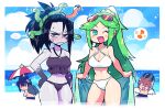  2boys 2girls absurdres angel_wings beach beach_umbrella bikini black_hair colored_skin dark_pit food fruit green_hair grey_skin highres kid_icarus kid_icarus_uprising looking_at_viewer medusa_(kid_icarus) multiple_boys multiple_girls ocean palutena pit_(kid_icarus) ponytail rariatto_(ganguri) smile snake_hair swimsuit umbrella watermelon wings 