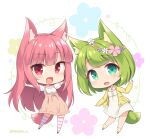  2girls :d animal_ears blush bob_cut chibi flower fox_ears fox_tail green_eyes green_fox_(sasaame) green_hair hair_flower hair_ornament hand_up head_wreath jacket long_sleeves looking_at_viewer medium_hair multiple_girls open_mouth original outstretched_arms pink_fox_(sasaame) pink_hair pink_legwear red_eyes sasaame shirt skirt smile socks spread_arms striped striped_legwear tail thighhighs twitter_username white_shirt yellow_jacket yellow_legwear 