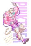  1boy animal_ears bara black_male_underwear bubble_blowing bulge covered_abs covered_nipples english_text fang furry hood hooded_jacket jacket looking_at_viewer male_cleavage male_focus male_underwear male_underwear_peek middle_finger muscular muscular_male open_clothes open_jacket original pectorals pink_jacket purple_shorts see-through_sleeves seth shoes short_hair shorts solo tail thick_eyebrows thick_thighs thighs tiger_boy tiger_ears tiger_tail underwear white_fur 