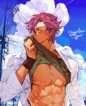  1boy abs bara bare_pectorals blue_sky closed_mouth clothes_lift cloud collared_shirt dark-skinned_male dark_skin dated day ensemble_stars! green_shirt green_tank_top hand_up highres lifted_by_self long_sleeves male_focus muscular muscular_male nipples open_clothes open_shirt otogari_adonis outdoors pectorals pigeon666 pink_hair shirt shirt_lift short_hair signature sky solo sweat tank_top upper_body wet white_shirt wing_collar wiping_face yellow_eyes 