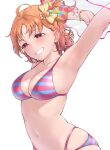  1girl :d ahoge armpits arms_up bikini bow braid breasts cleavage collarbone colored_stripes commentary gradient_hair grin hair_bow highres looking_at_viewer love_live! love_live!_sunshine!! medium_breasts multicolored_hair nasuno_(nasuno42) navel open_mouth orange_bow orange_hair pink_hair red_eyes side_braid simple_background skindentation smile solo stomach striped striped_bikini sweat swimsuit takami_chika teeth two-tone_bikini upper_body white_background yellow_bow 