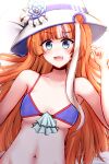  1girl akikawa_yayoi_(umamusume) bed blue_eyes blush breasts closed_mouth commentary_request fang hat hatsuneriku highres looking_at_viewer lying multicolored_hair navel open_mouth orange_hair small_breasts solo swimsuit umamusume 