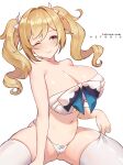  1girl ;) azto_dio barbara_(genshin_impact) bare_shoulders bikini blonde_hair blue_eyes breasts cleavage closed_mouth commentary genshin_impact large_breasts medium_hair navel one_eye_closed patreon_username simple_background smile solo swimsuit thighhighs thighs twintails white_background white_bikini white_legwear 