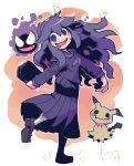  1girl :d @_@ absurdres book dress fangs gastly gen_1_pokemon gen_7_pokemon hex_maniac_(pokemon) highres leg_up looking_at_viewer mimikyu musical_note open_mouth pleated_dress pokemon pokemon_(creature) pokemon_(game) pokemon_xy purple_eyes purple_hair rariatto_(ganguri) school_uniform shoes smile socks spoken_musical_note standing standing_on_one_leg twitter_username wavy_hair 