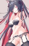  1girl :p absurdres animal_ears arisaki_(cnxy7525) bare_arms black_bra black_hair black_legwear blush bow bra breasts cat_ears cleavage ear_piercing eyebrows_visible_through_hair finger_to_mouth from_below garter_belt hair_ornament hair_ribbon heart heart-shaped_pupils highres in_heat large_breasts lingerie long_hair looking_at_viewer mitsurugi_lia navel no_panties piercing red_eyes red_hair ribbon simple_background smile symbol-shaped_pupils thighhighs tongue tongue_out underwear virtual_youtuber wactor_production 