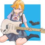  1girl bangs black_legwear blonde_hair blue_background blue_dress closed_mouth commentary dress electric_guitar full_body guitar hair_between_eyes headphones headphones_around_neck highres holding holding_instrument instrument irenji long_hair looking_at_viewer love_live! love_live!_superstar!! pinafore_dress plectrum plectrum_in_mouth purple_eyes shibuya_kanon shirt shoes shoes_removed short_sleeves sitting socks solo two-tone_background wariza white_background white_shirt 