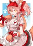  1girl animal_ear_fluff animal_ears animal_hands apron arm_up bangs bell bow breasts character_name cleavage clothes_writing collar collarbone dress fang fate/extra fate/grand_order fate_(series) fox_ears fox_girl fox_tail gloves hair_between_eyes hair_bow highres jingle_bell large_breasts long_hair looking_at_viewer lostroom_outfit_(fate) neck_bell open_mouth paw_gloves pink_hair ponytail puffy_short_sleeves puffy_sleeves red_bow short_sleeves sidelocks smile solo striped striped_dress tail tamamo_(fate) tamamo_cat_(fate) visor_cap wayon154 white_apron yellow_eyes 