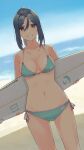  1girl absurdres aqua_bikini beach bikini blue_hair blue_sky breasts cleavage collarbone commentary_request cowboy_shot dutch_angle english_commentary highres holding holding_surfboard irenji long_hair looking_at_viewer love_live! love_live!_sunshine!! matsuura_kanan medium_breasts mixed-language_commentary ocean outdoors parted_lips ponytail purple_eyes side-tie_bikini sky smile solo surfboard swimsuit 