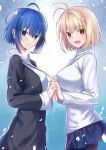  2girls ahoge anger_vein arcueid_brunestud bangs black_dress blonde_hair blue_eyes blue_hair blue_skirt blush breasts brown_legwear ciel_(tsukihime) closed_mouth commentary_request cross cross_necklace dress eyebrows_visible_through_hair fingernails habit hair_between_eyes highres holding holding_hands jewelry large_breasts lips long_sleeves looking_at_viewer medium_breasts miniskirt multiple_girls necklace neko_daruma nun open_mouth pantyhose petals red_eyes short_hair sidelocks skirt smile sweater tsukihime tsukihime_(remake) turtleneck turtleneck_sweater upper_body vampire white_sweater 