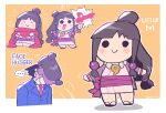  ... 1boy 1girl :&gt; ayasato_mayoi blue_jacket blush border chibi closed_mouth face_hug gyakuten_saiban highres jacket japanese_clothes kimono looking_at_viewer multiple_views naruhodou_ryuuichi obi objection outline pink_kimono pink_sash rariatto_(ganguri) red_scarf sash scarf simple_background smile solid_circle_eyes spoken_ellipsis tomoe_(symbol) topknot twitter_username white_border white_outline yellow_background 