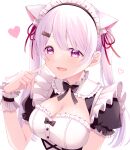  1girl :d absurdres animal_ear_fluff animal_ears bangs black_bow black_neckwear blush bow bowtie breasts cat_ears cleavage frills hair_ornament hair_ribbon hairclip hand_up heart highres index_finger_raised konase_(non_stop!) large_breasts long_hair maid maid_headdress nijisanji open_mouth pink_eyes pink_hair puffy_short_sleeves puffy_sleeves ribbon shiina_yuika short_sleeves simple_background smile solo upper_body white_background 