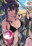  3girls absurdres animal_ears arknights bare_shoulders beach bikini black_bikini black_jacket blonde_hair blue_hair breasts ch&#039;en_(arknights) ch&#039;en_the_holungday_(arknights) cleavage closed_eyes closed_mouth commentary_request day dragon_horns drink ears_through_headwear eyewear_on_head green_hair hands_up highres holding holding_drink horns hoshiguma_(arknights) incoming_drink jacket jumbowhopper korean_commentary long_hair long_sleeves medium_breasts multiple_girls ocean oni_horns open_mouth outdoors red_eyes single_horn smile stomach sunglasses swimsuit swire_(arknights) tiger_ears tree yellow_eyes 