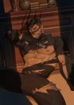  1boy abs bara bare_pectorals beard blue_eyes chest_hair chris_redfield dark-skinned_male dark_skin facial_hair feet_out_of_frame gun holding holding_gun holding_weapon injury large_pectorals looking_at_viewer male_focus male_pubic_hair mature_male muscular muscular_male nipples on_floor pants pectorals penis pubic_hair resident_evil resident_evil_5 seth shirt short_hair sideburns skull solo spread_legs stomach stubble thick_thighs thighs torn_clothes torn_pants torn_shirt weapon weapon_request 