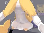  1girl ? alternate_breast_size arm_rest ass bar_censor blue_eyes blush breasts censored commentary_request digimon digimon_(creature) furry grey_background heart jack-o&#039;_challenge large_breasts lets0020 neemon nipples renamon simple_background speech_bubble spread_legs top-down_bottom-up wide_spread_legs 