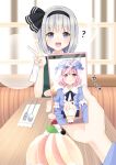  2girls :d ? absurdres bangs black_hairband blue_headwear blue_kimono blurry blurry_background blush commentary eyebrows_visible_through_hair food fork grey_eyes grey_hair hairband hat highres holding holding_phone ice_cream indoors japanese_clothes juliet_sleeves kimono konpaku_youmu konpaku_youmu_(ghost) long_sleeves looking_at_viewer mob_cap multiple_girls open_mouth phone pink_eyes pink_hair pose puffy_sleeves saigyouji_yuyuko selfie short_sleeves sitting smile spoon stigma1101 table touhou triangular_headpiece v 