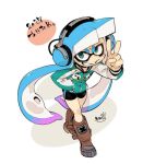  1girl black_shorts blue_eyes blue_hair blue_headwear blue_jacket brown_footwear dated full_body headphones inkling jacket long_hair looking_at_viewer mojaranmo shoes shorts signature smile splatoon_(series) v walking 