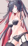  1girl :p absurdres animal_ears arisaki_(cnxy7525) bare_arms black_bra black_hair black_legwear black_panties blush bow bow_panties bra breasts cat_ears cleavage ear_piercing eyebrows_visible_through_hair finger_to_mouth from_below garter_belt hair_ornament hair_ribbon heart heart-shaped_pupils highres in_heat large_breasts lingerie long_hair looking_at_viewer mitsurugi_lia navel panties piercing red_eyes red_hair ribbon simple_background smile symbol-shaped_pupils thighhighs tongue tongue_out underwear virtual_youtuber wactor_production 