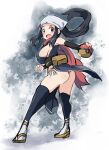  1girl akari_(pokemon) arniro111 ass black_hair blush breasts eyelashes full_body grey_eyes hat head_scarf highres holding holding_poke_ball large_breasts long_hair open_mouth poke_ball poke_ball_(legends) pokemon pokemon_(creature) pokemon_(game) pokemon_legends:_arceus ponytail red_scarf sash scarf sidelocks solo white_headwear 