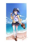  1girl :o absurdres ai_ke_le_de_xiao_hong antenna_hair bag bangs beach black_skirt blue_eyes blue_hair blue_sky bronya_zaychik brown_footwear cellphone cloud cloudy_sky doll full_body hair_between_eyes headband highres holding holding_bag holding_phone honkai_(series) honkai_impact_3rd long_sleeves looking_to_the_side ocean open_mouth phone sand school_uniform seele_vollerei shirt short_hair skirt sky solo standing sweater thighhighs waves white_legwear white_shirt yellow_sweater 