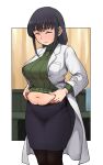  1girl bangs belly black_hair border breasts closed_eyes coat eyebrows_visible_through_hair frown highres holding_stomach houkago_teibou_nisshi indoors kotani_sayaka large_breasts leggings long_hair looking_down navel office office_lady omuraashu plump sidelocks skirt solo sweatdrop sweater teacher tight turtleneck weight_conscious white_border white_coat 