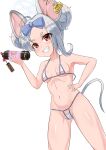  1girl absurdres alternate_hairstyle animal_ears bikini blue_archive bottle breasts collarbone double_bun grin hair_ribbon halo highres looking_at_viewer micro_bikini mouse_ears mouse_tail navel red_eyes ribbon saya_(blue_archive) simple_background small_breasts smile solo swimsuit symbol-only_commentary tail tsugumi_amon white_background 