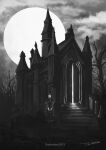  1girl artist_name bangs bare_tree bloodborne bonnet boots building cloak cloud cloudy_sky commentary_request copyright_name dress greyscale hat highres light long_sleeves looking_at_viewer monochrome moon plain_doll scenery short_hair sky solo stairs standing tree tripdancer 