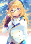  1girl ascot bangs black_gloves blonde_hair blue-framed_eyewear blue_bow blurry blurry_background blush bow breasts closed_mouth cloud cloudy_sky collared_shirt depth_of_field eyebrows_visible_through_hair glasses gloves hair_bow hand_up head_tilt jacket kou_hiyoyo long_hair long_sleeves looking_at_viewer medium_breasts original outdoors partially_fingerless_gloves purple_eyes shirt sky smile solo white_jacket white_neckwear white_shirt 