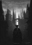  1other ambiguous_gender artist_name belt bloodborne capelet city cloud cloudy_sky coat commentary_request from_behind gloves greyscale hat highres hunter_(bloodborne) long_hair monochrome outdoors ponytail scenery sky tricorne tripdancer 