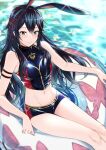  1girl alternate_costume ameno_(a_meno0) animal_ears armband bangs bare_shoulders bikini blue_bikini blue_eyes blue_hair blue_swimsuit blush breasts fake_animal_ears fire_emblem fire_emblem_awakening fire_emblem_cipher groin hair_between_eyes hair_ribbon innertube long_hair lucina_(fire_emblem) navel ocean rabbit_ears red_ribbon ribbon sitting small_breasts smile solo straight_hair swimsuit water 