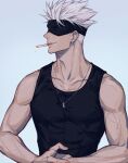  1boy black_tank_top blindfold cigarette covered_eyes ear_piercing flame06028621 gojou_satoru highres jewelry jujutsu_kaisen male_focus necklace piercing ring_necklace simple_background solo spiked_hair sweat sweatdrop tank_top toned toned_male upper_body white_hair 