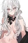  1girl blurry bow bowtie breasts breasts_apart flower hair_between_eyes hair_censor highres large_breasts long_hair looking_at_viewer mid_(gameshe) navel no_bra nude off_shoulder original parted_lips pink_eyes solo stomach upper_body white_flower white_hair 