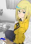  1girl ashiomi_masato bed black_legwear blonde_hair blue_eyes breasts closed_mouth curtains dress guilty_gear guilty_gear_xrd long_hair looking_at_viewer millia_rage pantyhose shiny shiny_hair skirt smile 