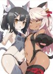  2girls animal_ear_fluff animal_ears animal_hands bangs bare_shoulders bell black_gloves black_hair black_legwear black_panties blue_ribbon blush breasts brown_eyes cat_ears cat_tail center_opening chloe_von_einzbern cosplay dark-skinned_female dark_skin elbow_gloves fake_animal_ears fate/kaleid_liner_prisma_illya fate_(series) feather_hair_ornament feathers fur_collar gloves grey_gloves grey_legwear grey_vest hair_between_eyes hair_ornament hair_ribbon hairclip highres illyasviel_von_einzbern illyasviel_von_einzbern_(cosplay) jingle_bell licking_lips long_hair looking_at_viewer miyu_edelfelt multiple_girls navel neck_ribbon open_mouth orange_eyes panties paw_gloves pink_hair ribbon shimejinameko sidelocks small_breasts smile tail thighhighs thighs tongue tongue_out twintails two_side_up underwear vest 