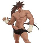  1boy abs bandaged_hands bandages bara boxers brown_hair bulge dark-skinned_male dark_skin erection feet_out_of_frame grin guilty_gear headband highres large_pectorals long_hair male_focus male_pubic_hair male_underwear male_underwear_pull muscular muscular_male navel navel_hair nipples pectorals penis precum pubic_hair pulled_by_self seth sidelocks smile sol_badguy solo stomach suspenders thick_thighs thighs uncensored underwear underwear_only undressing white_background 