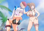  .live 2girls alternate_breast_size ball beach beachball bent_over blue_eyes breasts brown_hair carro_pino cleavage collarbone commentary_request gradient_hair hair_ornament headband kakyouin_chieri large_breasts long_hair looking_to_the_side multicolored_hair multiple_girls ponytail purple_eyes purple_hair silver_hair virtual_youtuber 