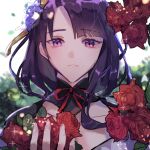  1girl bangs blurry blurry_background breasts commentary flower genshin_impact hair_ornament holding holding_flower japanese_clothes kqkko long_hair looking_at_viewer open_mouth parted_lips purple_eyes purple_flower purple_hair raiden_shogun red_flower ribbon rose solo sparkle symbol-only_commentary tassel 