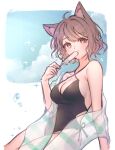  1girl animal_ear_fluff animal_ears black_swimsuit breasts brown_hair bubble cat_ears cleavage english_commentary food holding holding_food kemonomimi_mode medium_breasts miori_celesta one-piece_swimsuit ozzingo pink_eyes popsicle second-party_source short_hair sitting solo swimsuit treble_clef_hair_ornament tsunderia virtual_youtuber 