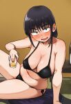  1girl :d alcohol arm_support bangs belly bikini black_hair black_panties breasts cleavage cup curvy drunk eyebrows_visible_through_hair highres holding holding_cup houkago_teibou_nisshi indoors japanese_clothes kotani_sayaka large_breasts long_hair looking_at_viewer mole mole_under_eye omuraashu on_floor open_mouth panties pillow plump saliva shiny shiny_hair side-tie_bikini smile solo star_(symbol) star_print swimsuit underwear unusually_open_eyes yellow_background 