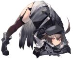  1girl ahoge arknights arm_rest ass bangs beret bird_tail black_gloves black_headwear black_legwear blush boots brown_hair cloak commentary_request eyebrows_visible_through_hair feather_hair flexible full_body garter_straps gloves hair_between_eyes hat jack-o&#039;_challenge looking_at_viewer meme multicolored_hair plume_(arknights) sasa_onigiri short_hair simple_background solo spread_legs tail thighhighs top-down_bottom-up two-tone_hair white_background white_hair wide_spread_legs yellow_eyes 