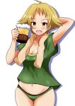  1girl alcohol arm_behind_head arm_up beer beer_mug blonde_hair breasts brown_eyes cleavage cowboy_shot crotch_seam cup erwin_(girls_und_panzer) eyebrows_visible_through_hair girls_und_panzer green_panties green_shirt groin highres holding holding_cup looking_at_viewer medium_breasts meiya mug navel no_pants open_mouth panties pointy_hair shadow shirt short_hair short_sleeves simple_background smile solo standing t-shirt thigh_gap towel towel_around_neck underwear white_background 