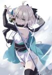  100 1girl ahoge arm_guards bangs black_bow black_legwear black_scarf blonde_hair bow breasts detached_sleeves fate/grand_order fate_(series) hair_bow half_updo haori highres japanese_clothes katana kimono koha-ace large_breasts looking_at_viewer obi off_shoulder okita_souji_(fate) okita_souji_(fate)_(all) sash scarf short_hair short_kimono sleeveless sleeveless_kimono sword thighs weapon white_kimono yellow_eyes 