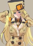  1girl ashiomi_masato blonde_hair blue_eyes breasts closed_mouth fur_hat gloves guilty_gear guilty_gear_strive hat long_hair looking_at_viewer millia_rage simple_background smile solo ushanka very_long_hair 