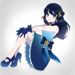  1girl absurdres bangs bare_arms black_hair blue_bow blue_dress blue_eyes blue_footwear blue_gloves bow breasts closed_mouth crescent crescent_hair_ornament dawn_(pokemon) dress full_body gloves gradient_dress hair_ornament high_heels highres long_hair looking_at_viewer pokemon pokemon_(anime) pokemon_swsh_(anime) sitting smile solo tayuta_(tayu_715) 