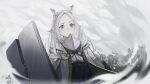  1girl animal_ear_fluff animal_ears arknights blush cloud cloudy_sky coat commentary gorget hairband heavyrain_(arknights) highres long_hair pen_liangshui_po_ya_po purple_eyes rain shield sky solo tactical_clothes white_coat white_hair 