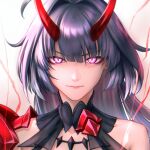  1girl bangs bare_shoulders close-up closed_mouth electricity gauntlets hair_between_eyes honkai_(series) honkai_impact_3rd horns long_hair looking_at_viewer portrait purple_eyes purple_hair raiden_mei raiden_mei_(herrscher_of_thunder) shinachiku_(uno0101) single_gauntlet solo v-shaped_eyebrows 