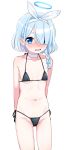  1girl alternate_costume animal_ears arona_(blue_archive) bare_arms bare_legs bare_shoulders bikini black_bikini blue_archive blue_eyes blue_hair blush braid breasts choker eyebrows_visible_through_hair groin hair_over_one_eye halo halterneck highleg highleg_bikini highres kumadano looking_at_viewer multicolored_hair navel open_mouth rabbit_ears short_hair side-tie_bikini silver_hair simple_background small_breasts solo string_bikini swimsuit tearing_up wavy_mouth white_background 